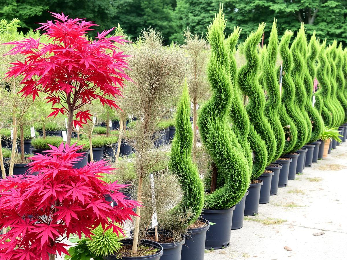Rând de arbori ornamentali la ghiveci în pepinieră
